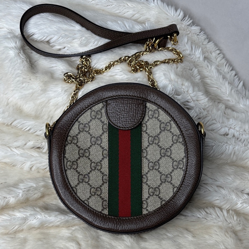 Gucci Brown GG Supreme Round Crossbody with Green-Red Web - Picture 6 of 12